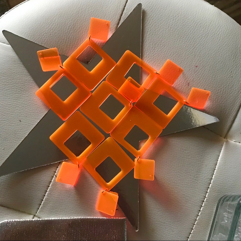 Neon Orange Large Acrylic Geometric Dangle Earrings - Picture 7 of 8